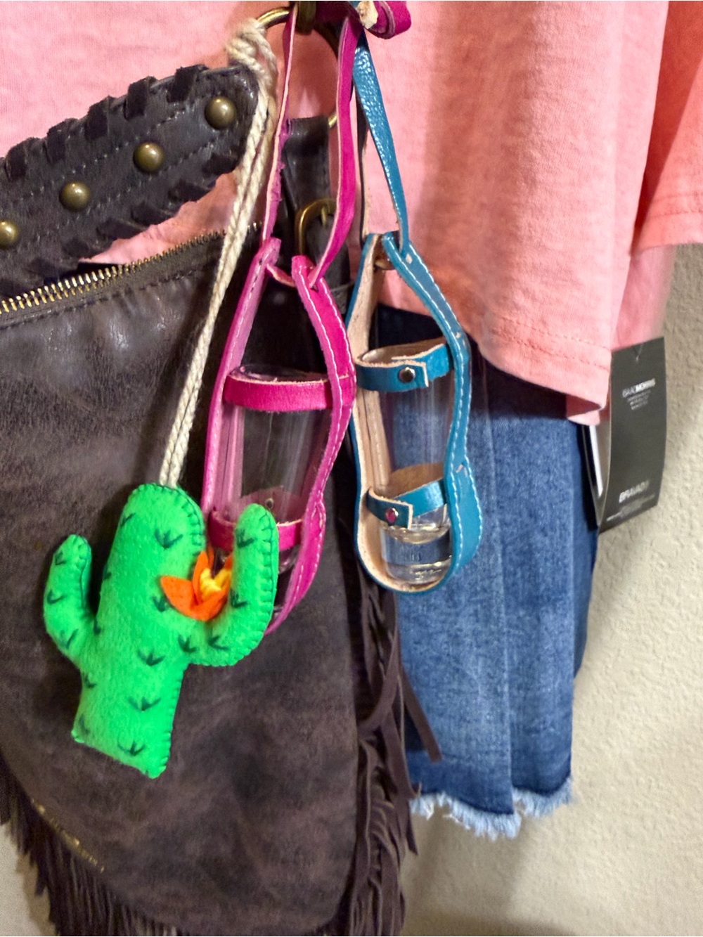 Bohemian Turquoise with shot glass leather holder Tote dangle